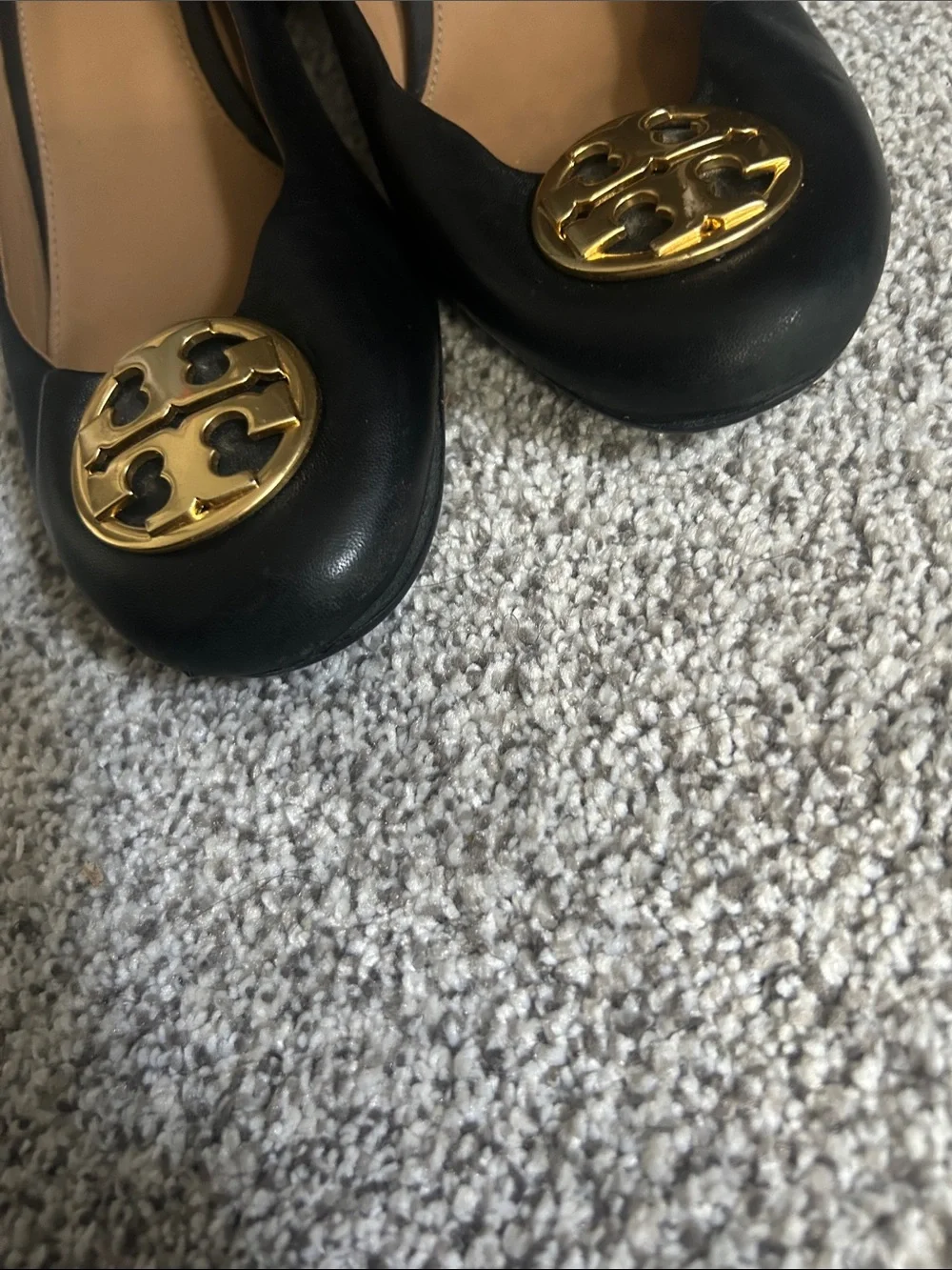 Tory Burch Black Leather Ballet Flats with Gold Logo Medallion